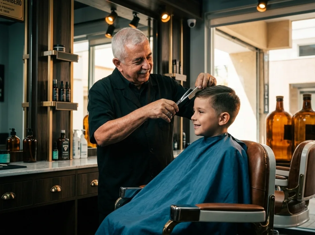 Pedro giving a boy a fresh back-to-school cut